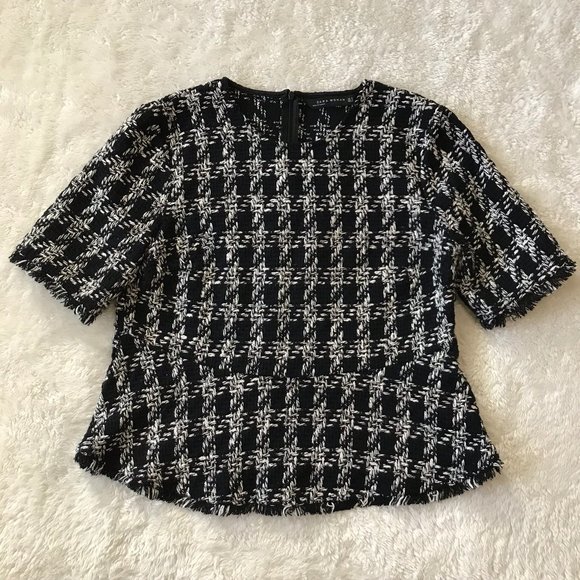 Zara Tweed Plaid Fringe Edge Top Black White M - Picture 2 of 5